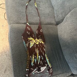 Floral brown Sky top with floral embellishments